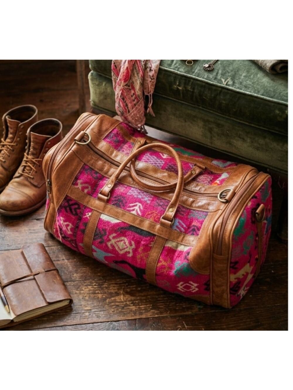 One-of-a-Kind Huipil & Full-Grain Leather Convertible Travel Duffel Bag